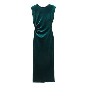 Zara Womens Green Velvet Sleeveless Draped Crewneck Slit Back Maxi Dress Size XS